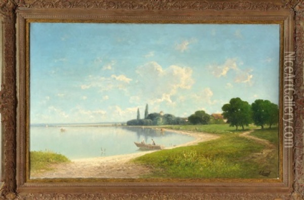Fischerboot Am Ufer Einer Sommerlichen Chiemseelandschaft Oil Painting - Heinrich Neppel