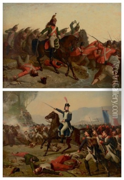 Charge De Cavalerie Scene Des Guerres D'italie (2 Works) Oil Painting - Francois Nicolas Augustin Feyen-Perrin