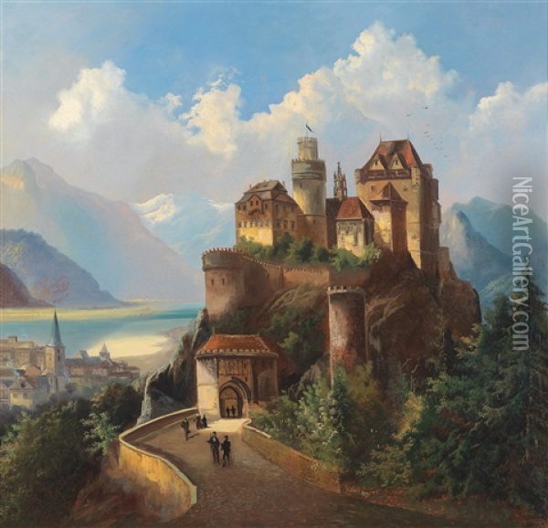 Medieval Castle By The River Oil Painting - Ferdinand Lepie
