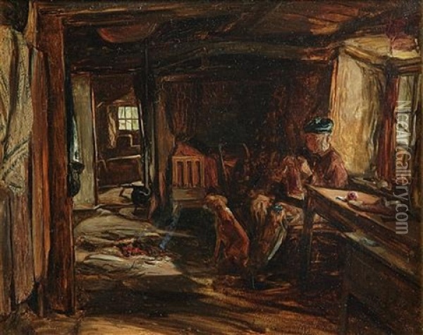 A Croft Interior Oil Painting - Alexander Fraser the Younger