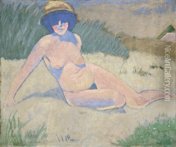Weiblicher Akt In Den Dunen (+ Tanzerin Und Harlekin; Verso) Oil Painting - Otto Mueller