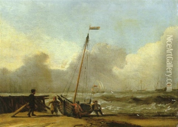 A Beach Scene With Sailors Bringing In Their Boat, Larger Ships In Choppy Water Beyond Oil Painting - Jan Claesz Rietschoof