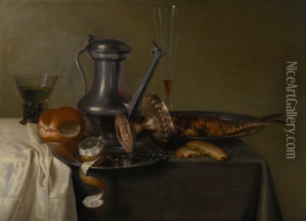 Still Life With Jan Steen Jug And Other Vessels, With A Fried Fish And A Bread Roll Upon A Draped Table Oil Painting - Maerten Boelema De Stomme