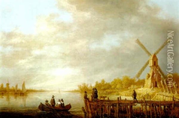 A River Landscape With A Windmill, Gentlefolk In A Rowing Boat Oil Painting - Aelbert Cuyp