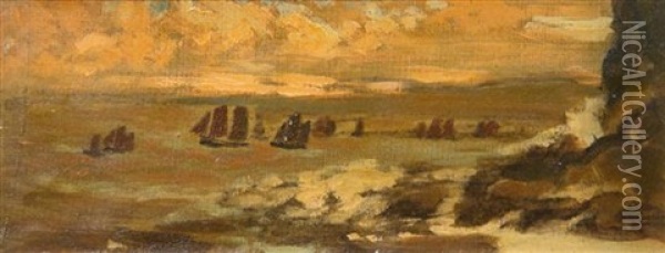 Coast Scene With Ships Oil Painting - Arthur B. Davies