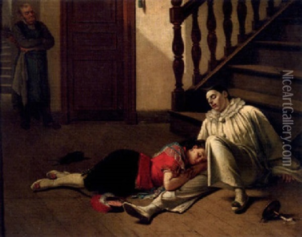 After The Party - Commedia Del'arte Characters Sleeping On A Stairway Oil Painting - Theodore Ceriez