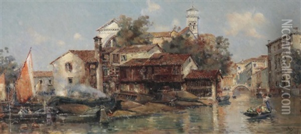 Blick Auf Die Gondelwerft In San Trovasi Venedig Oil Painting - Antonio Maria de Reyna Manescau