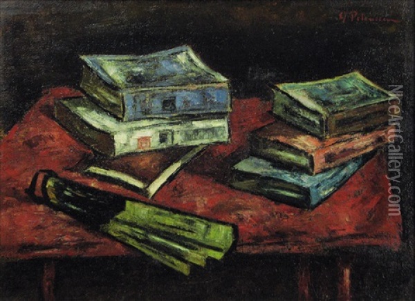 Still Life With Books And Fan Oil Painting - Gheorghe Petrascu