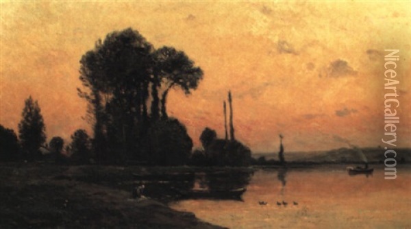 Lake Landscape At Sunset Oil Painting - Hippolyte Camille Delpy