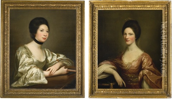 Portraits Of Emilia Belsches (1730-1807), Half-length, In A Silver Embroidered Dress With A Book In Her Hands; And Her Sister, Mary Belsches, Half-length, In A Pink Dress Oil Painting - David Martin