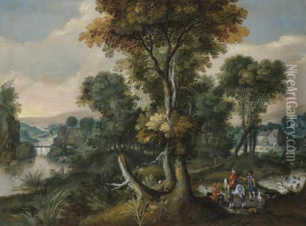 A Wooded River Landscape With Huntsmen At Rest, Villagers Beyond Oil Painting - David Vinckboons