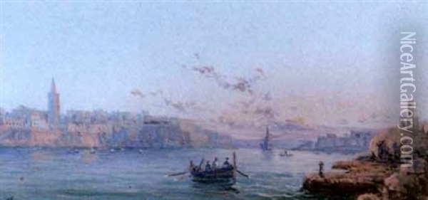 Grand Harbour, Valetta: By Daylight (+ Grand Harbour, Valetta: At Dusk; 2 Works In 1 Frame) Oil Painting - Luigi Maria Galea