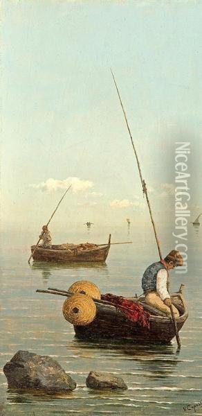 Fishermen In Boats Oil Painting - Vittorio Capessiero