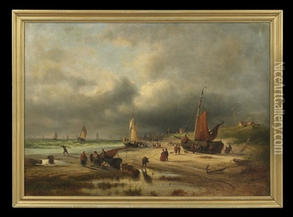 Evening On The Beach, After A Day's Catch Oil Painting - George Willem Opdenhoff