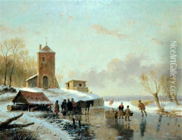 Busy Winter Scene Oil Painting - A. de Groote