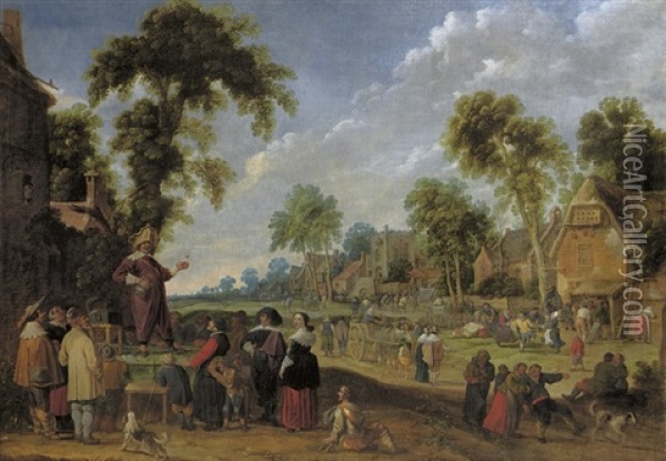 A Quack Doctor In A Village Landscape With Numerous Figures Oil Painting - Jacob Wynants