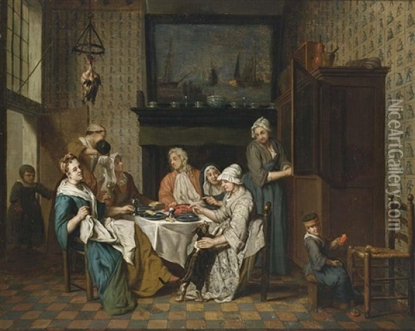 An Interior With An Elegant Company Dining, A Child Playing In The Right Foreground Oil Painting - Jan Josef Horemans the Younger