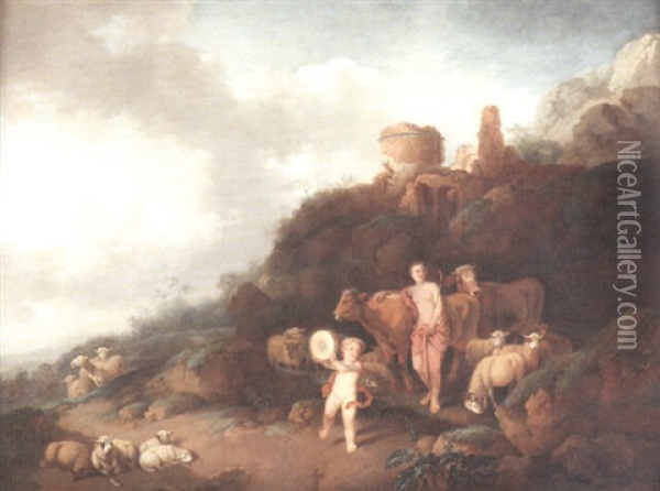 Arkadische Landschaft Mit Hirtin, Herde Und Tambourin Spielendem Putto Oil Painting - Christian Wilhelm Ernst Dietrich
