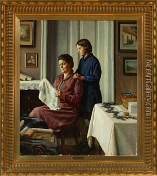Interior With Mother And Daughter Oil Painting - Sophus Vermehren