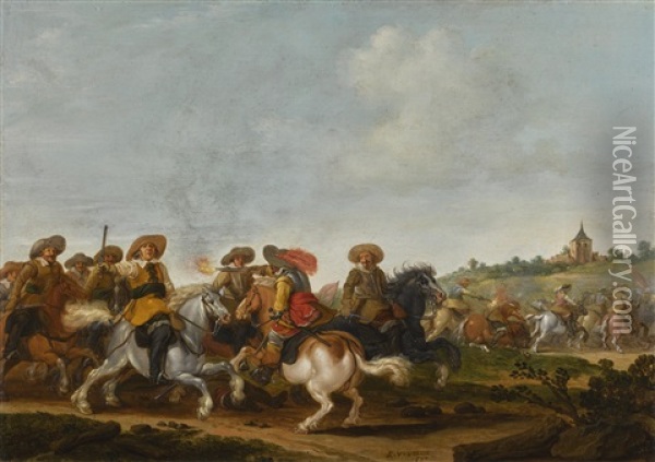 A Cavalry Battle In A Landscape, A Church Beyond Oil Painting - Esaias van de Velde the Elder