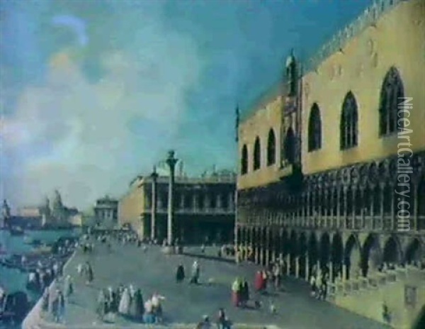 Veduta Del Molo Verso Ovest, Col Palazzo Ducale A Destra Oil Painting - Giovanni Battista Cimaroli