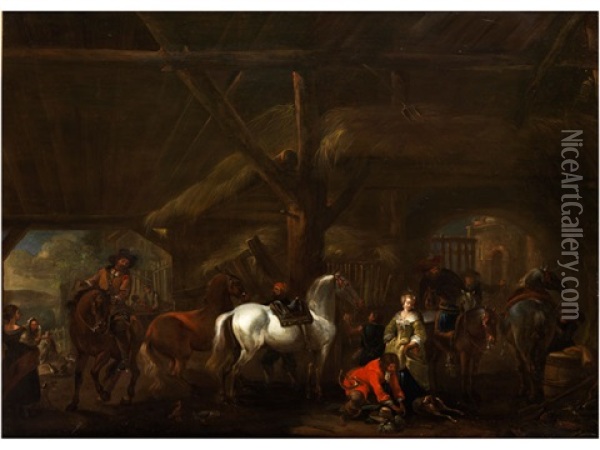 Reiter In Einem Stall Oil Painting - Abraham Van Calraet