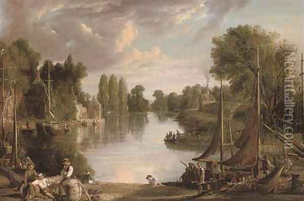 A river landscape at dusk, with figures unloading a barge in the foreground Oil Painting - James Webb