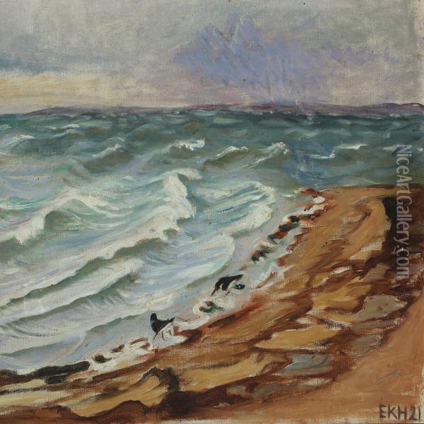 Coastal Scenery With Oystercatchers In The Shallows Oil Painting - Elise Konstantin-Hansen