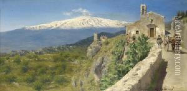 Scene Fromtaormina With A View Of Mount Etna Oil Painting - Werner Wilhelm Gustav Schuch