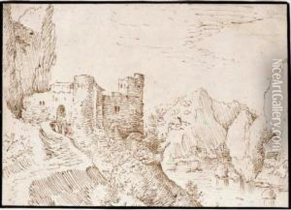 Mountainous River Landscape With A Castle To The Left Oil Painting - Tobias van Haecht (see Verhaecht)