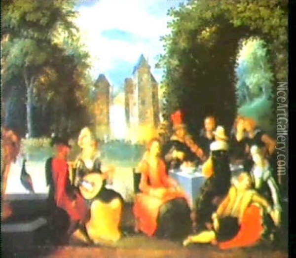 Musizierende Gesellschaft Vor Einer Laube In Einer          Parklandschaft ..... Oil Painting - Louis de Caullery