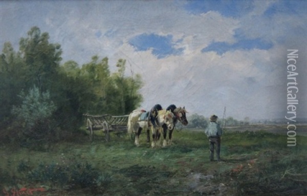 Ekart_g. En Bonde Holder Hvil, Ved Hans Side To Heste Forspaendt Vogn Oil Painting - Christian Frederic Eckardt