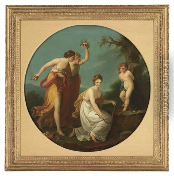 Three Muses With Cupid In A Landscape Oil Painting - Angelika Kauffmann