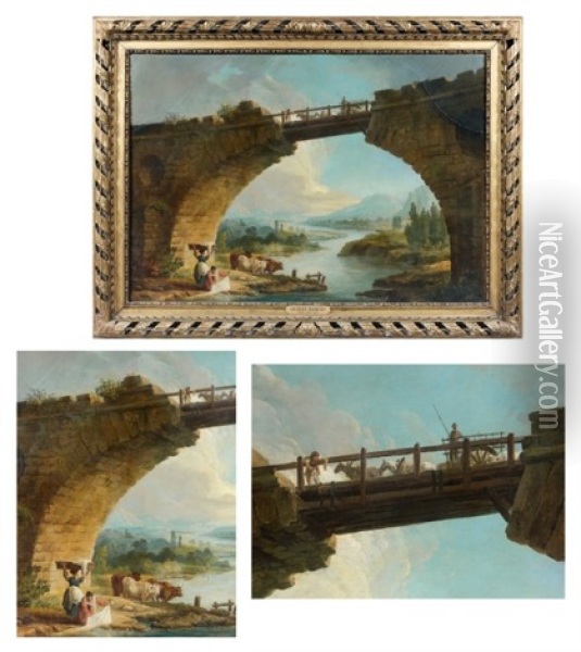 Lavandieres Sous Un Pont Antique Oil Painting - Hubert Robert