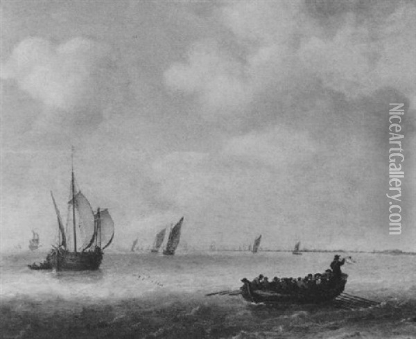 Segelschiffe Und Ein Ruderboot In Kustennahem Gewasser Oil Painting - Jeronymus Van Diest