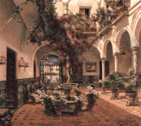 An Interior Patio, Seville Oil Painting - Manuel Garcia y Rodriguez