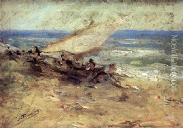 Barca En La Playa Oil Painting - Ignacio Pinazo Camarlench