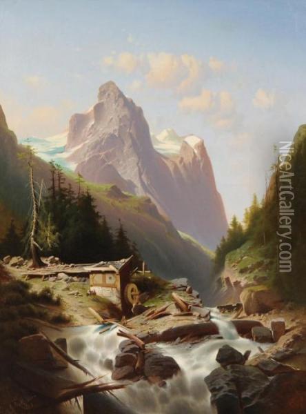 Paesaggio Di Montagne Con Cascata Oil Painting - Anton Pick