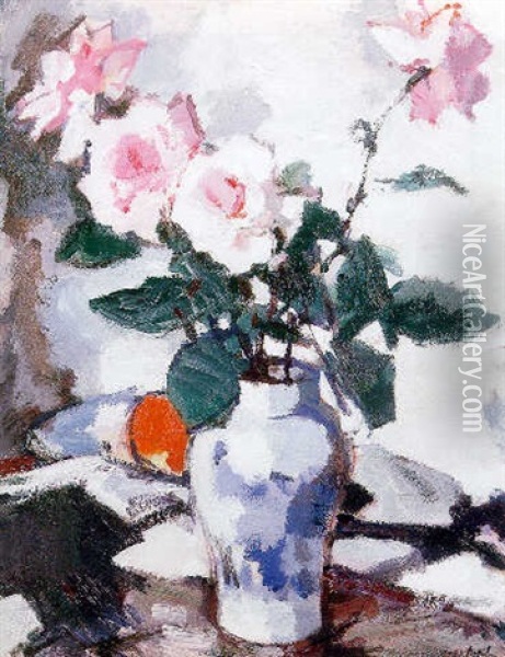 Pink Roses In A Blue And White Vase With A Black Fan And An Apple On A Draped Table Oil Painting - Samuel John Peploe