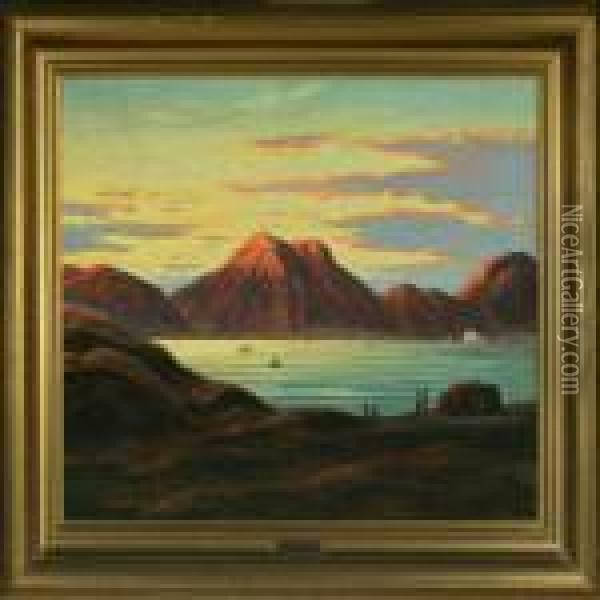 Sunset At Godthaabsfjorden Oil Painting - Emanuel A. Petersen