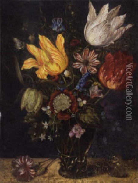 Parrot Tulips And Other Flowers In A Roemer, With A Carnation And A Butterfly On A Ledge Oil Painting - Ambrosius Bosschaert the Elder