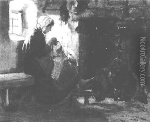 A Woman Sewing Near A Fireplace Oil Painting - Albert Johan (Jan) Neuhuys