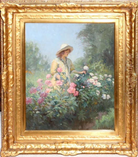 Lady Wearing A Straw Hat And Tending To Flowers Oil Painting - Charles E. Waltensperger