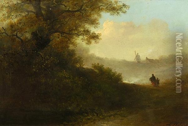 Figures On A Country Lane With Windmill Beyond Oil Painting - Edward Robert Smythe