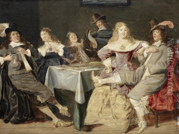 An Elegant Company Merrymaking In An Interior Oil Painting - Dirck Hals