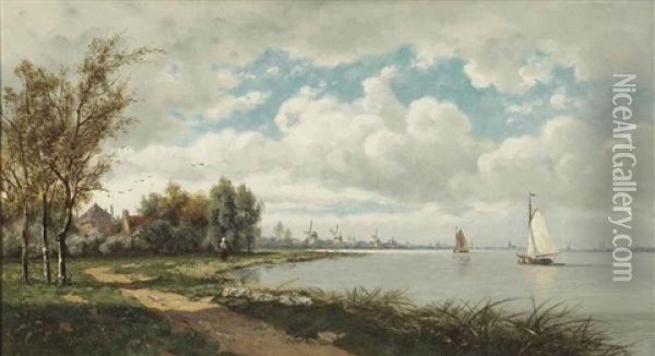 Windmills Near The Kinderdijk Oil Painting - Hendrik Barend Koekkoek