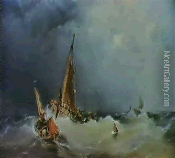 Fishing Boats Shortening Sail Oil Painting - Sir George Chambers