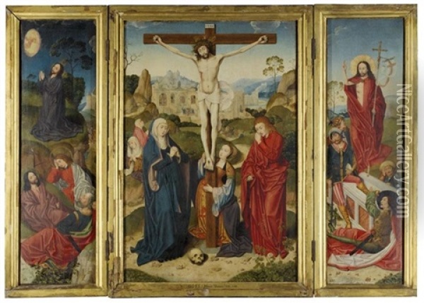 The Crucifixion, Flanked By The Agony In The Garden And The Resurrection, With Scenes From The Passion Beyond (triptych) Oil Painting - Bartholomaeus Bruyn the Elder