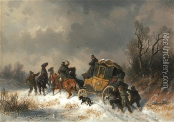 Die Reisepanne: Kutsche Im Schnee Oil Painting - Adolf Schmidt