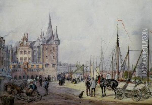 Figures At A Quayside In A Continental Town Oil Painting - Edwin Hull